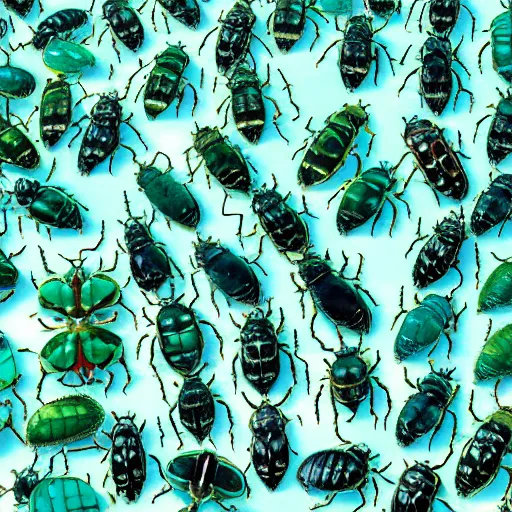 Prompt: a colony of beetles possessing a carapace color variation from light blue to deep emerald green, hd, 8 k, realistic