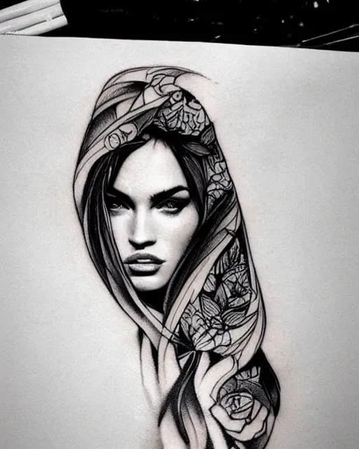 Image similar to creative double exposure effect tattoo design sketch of megan fox with beautiful mountains, realism tattoo, in the style of andrey lukovnikov, amazing detail, sharp