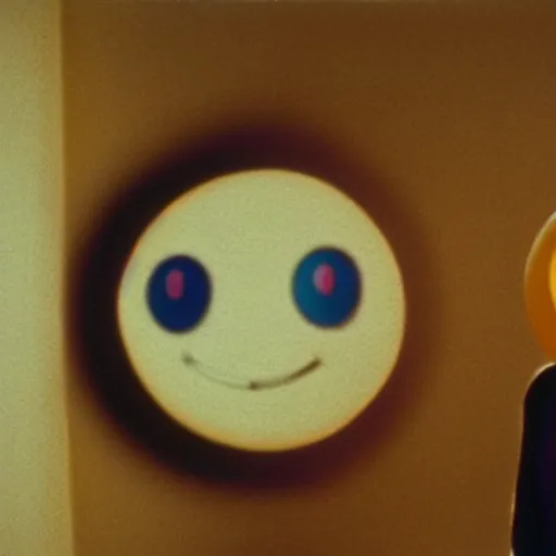 Image similar to still from a 1994 arthouse film about a depressed woman dressed as an inflatable smiley who meets a handsome younger man in a seedy motel room, color film, 16mm soft light, weird art on the wall