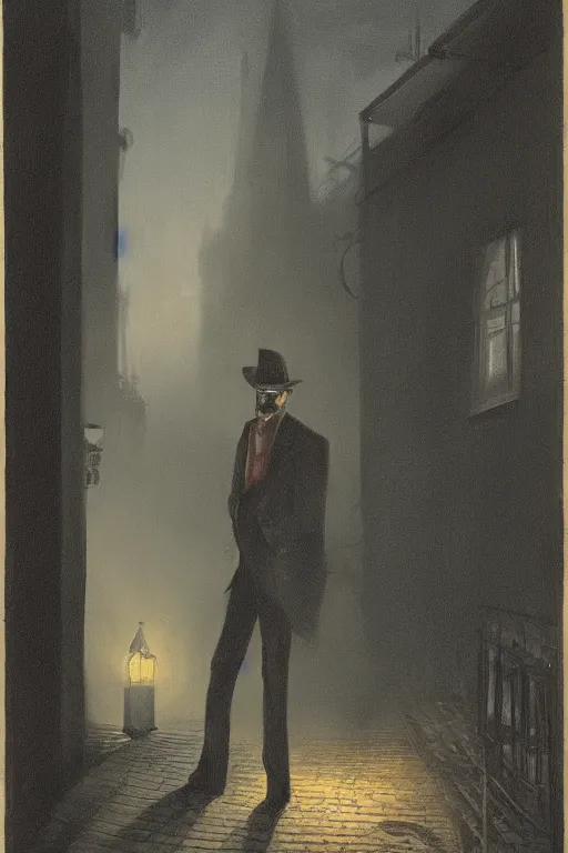 Prompt: portrait of a villain at night, illustration, standing in a gaslit london alleyway, golden fog