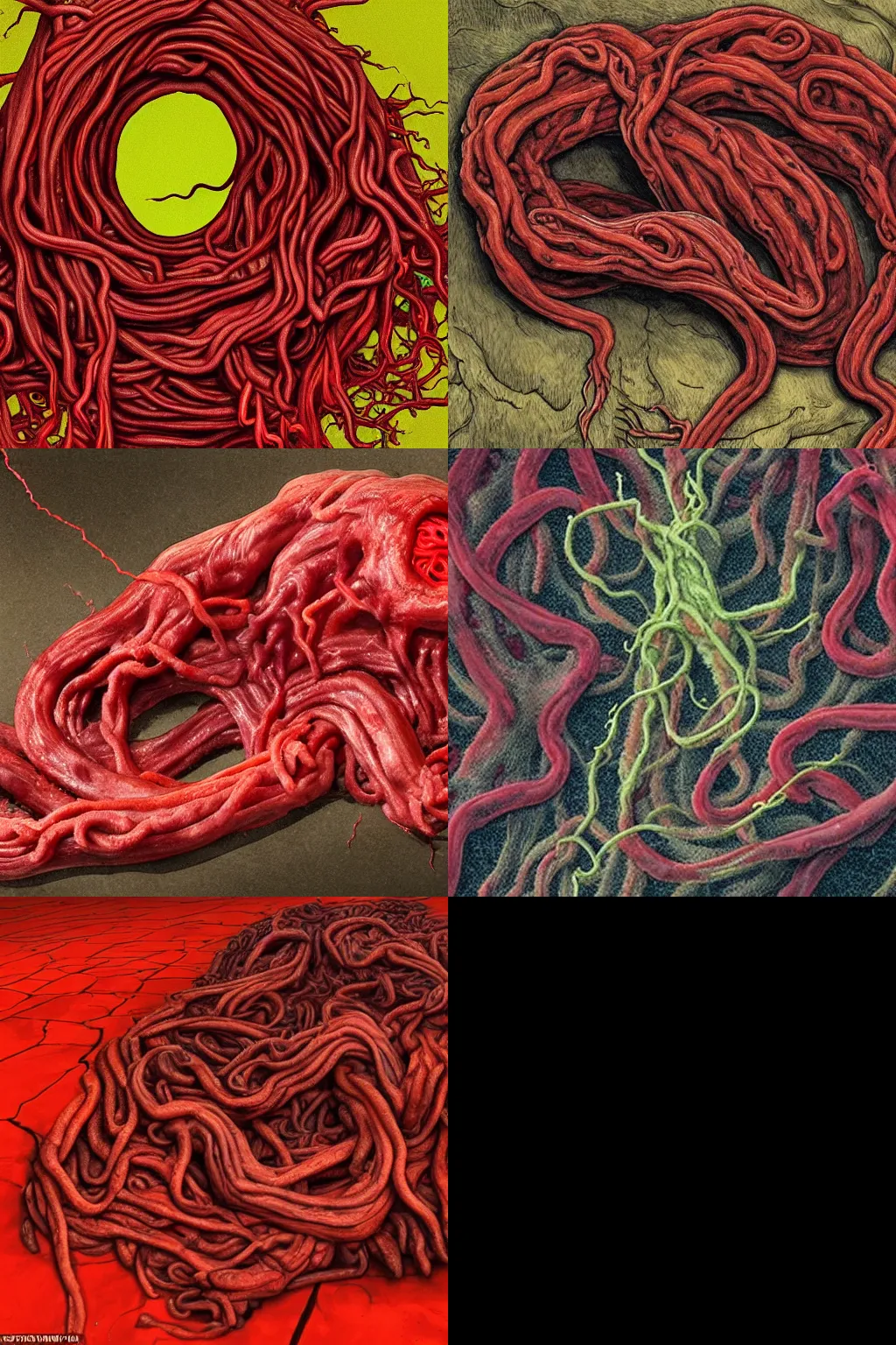 Prompt: a photo of an eerie amorphous monster made of red slimy flesh and mauled intestines, sprouting veins and tendrils from its body, oozing deep-red blood and yellowish pus, ultra detailed, color