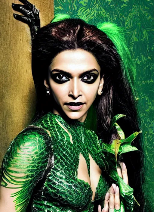 Image similar to A beautiful portrait of Deepika Padukone as Poison Ivy from Batman as a Versace fashion model Spring/Summer 2012, highly detailed, in the style of cinematic, Getty images, Milan fashion week backstage, Makeup by Pat McGrath, Greg rutkowski