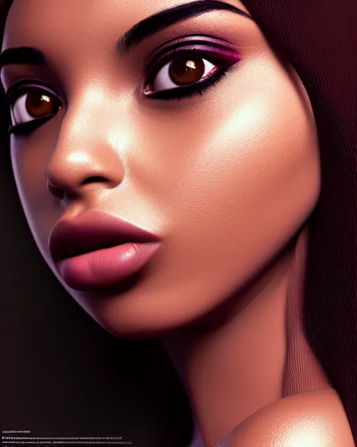 Image similar to beautiful female, arabic, haze, model, brown skin, intricate, filter, symmetrical face, makeup, sephora, maybelline, studio, reflections, cinematic, filmic, vsco, concept art, artstation, elegant, model, gorgeous, vray, flim, octane render, ambient occlusion, prism details