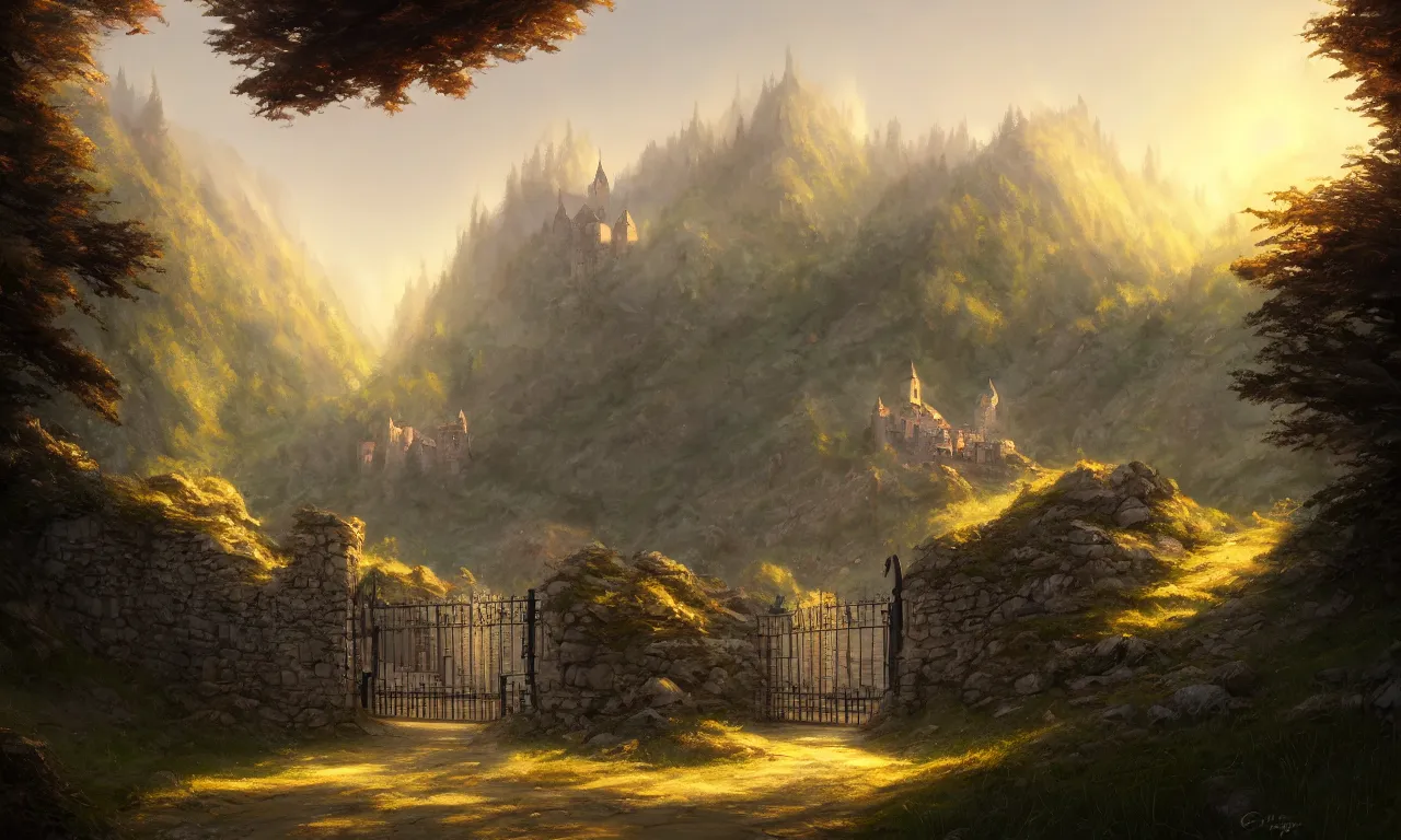 Prompt: digital painting of a small castle town closed off by large metal gate, border, behind a forest, large mountains in back, concept art, low angle, high detail, warm lighting, volumetric, godrays, vivid, beautiful, trending on artstation, by Jordan grimmer, no focus, huge scene, grass, art greg rutkowski