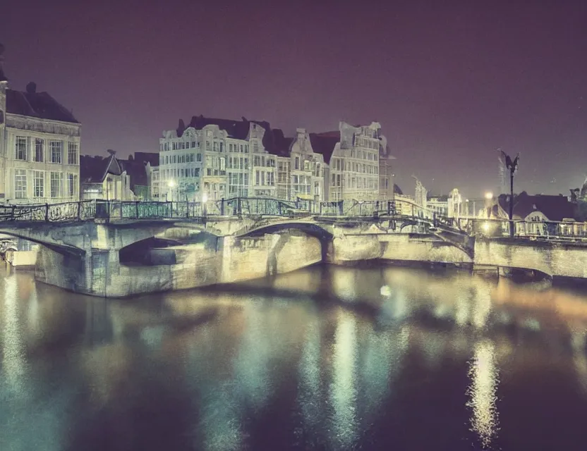 Prompt: close view of a bridge over water in gent belgium at night, peaceful and serene, incredible perspective, soft lighting, anime scenery by makoto shinkai and studio ghibli, very detailed