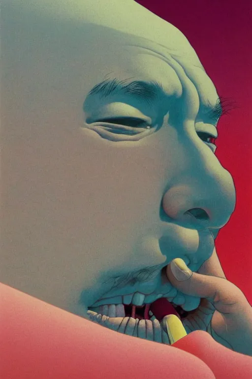 Image similar to a closeup portrait of a simple man licking a tab of LSD acid on his tongue and dreaming psychedelic hallucinations, by kawase hasui, moebius, Edward Hopper and James Gilleard, Zdzislaw Beksinski, Steven Outram colorful flat surreal design, hd, 8k, artstation