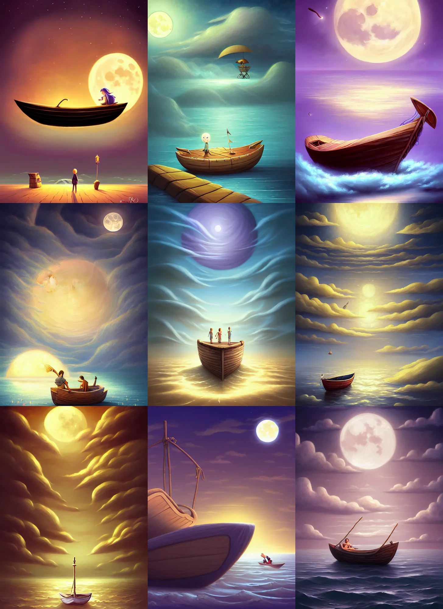 Prompt: a boat floating on top of the sand under a full moon, a storybook illustration by cyril rolando, vladimir kush and goro fujita, deviantart, fantasy art, storybook illustration, matte drawing, matte painting