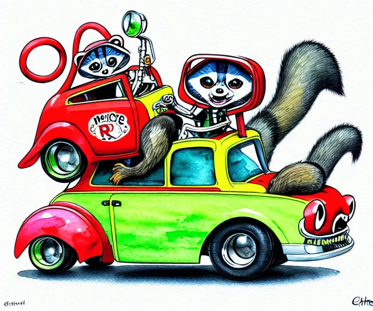 Image similar to cute and funny, racoon riding in a tiny hot rod coupe with oversized engine, ratfink style by ed roth, centered award winning watercolor pen illustration, isometric illustration by chihiro iwasaki, edited by range murata