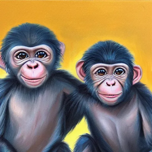 Prompt: oil painting of two baby chimps who are happy because it's their first birthday