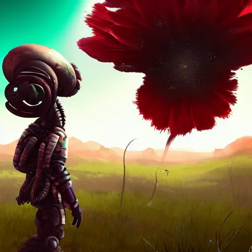 Image similar to no man's sky, corrupted sentinel picking up flower on alien flower, 4 k, artstation, digital art