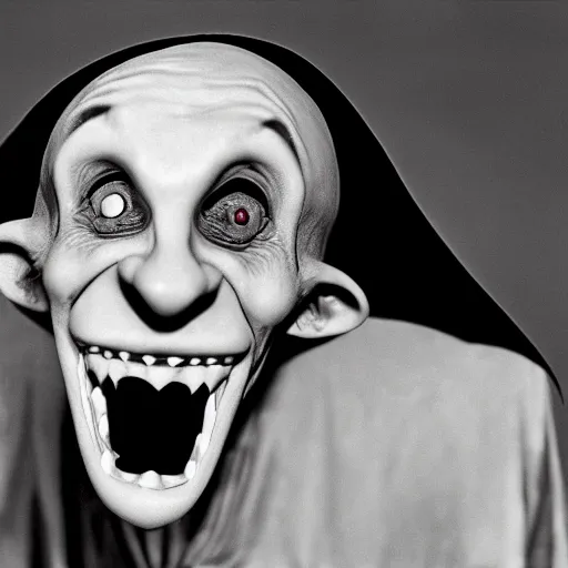 Prompt: nosferatu laughing after he's been told the funniest joke he ever heard, tears streaming from his eyes, professional photograph, black and white