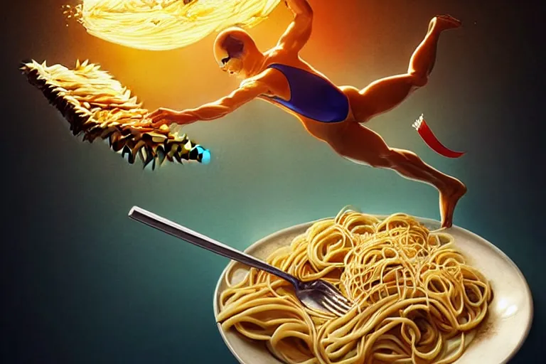 Image similar to olympic diver diving into a dish of pasta, fantasy, elegant, highly detailed, sharp focus, art by artgerm and beeple and greg rutkowski and wlop