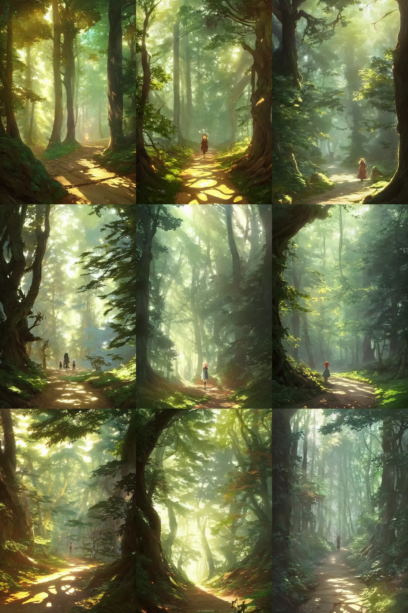 Prompt: pathway in the wood with dappled light, anime style, trees, highly detailed, digital painting, artstation, concept art, matte, sharp focus, illustration, hearthstone, art by artgerm and greg rutkowski and alphonse mucha and studio ghibli