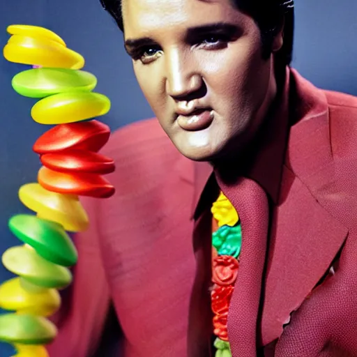 Image similar to elvis presley photo shoot, wearing a suit but the suit is made of fruit rollups, studio photography, 8 5 mm,