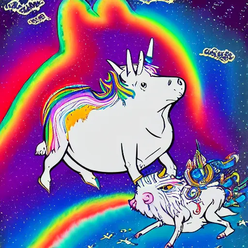 Image similar to trippy comic art of a unicorn horned pig with white wings sleeping on a rainbow in the sky with white clouds, drawn by Martin Rowson, Tim Burton, Studio Ghibli, Alex Pardee, Nekro Petros Afshar, James McDermott, colors by lisa frank, unstirred paint, vivid color, cgsociety 4K