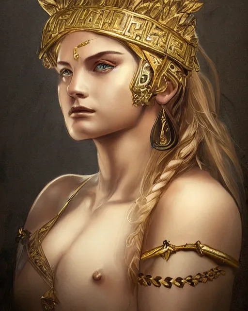 Image similar to front view of beautiful aphrodite greek goddess wearing a gold laurel wreath and triangle earrings, realism tattoo sketch, beautiful piercing eyes with sharp pupils, beautiful blonde hair, in the style of greg rutkowski, fantasy, amazing detail, epic, elegant, smooth, sharp focus