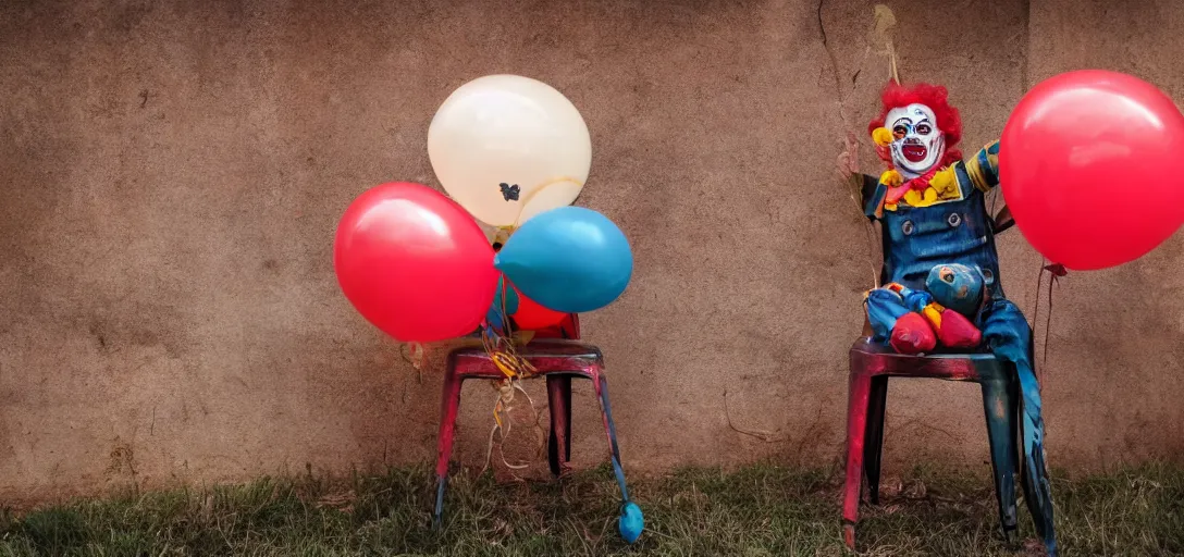 Prompt: a rusty steel chair with a smiling clown sitting on it, 4K, dark, horror, balloons,