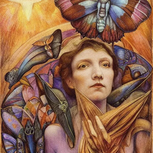 Prompt: moths attending their queen, by Annie Swynnerton and Diego Rivera and Evelyn De Morgan, symbolist, dramatic lighting, elaborate geometric ornament, Art Brut, god rays, soft cool colors,smooth, sharp focus, extremely detailed, Adolf Wölfli