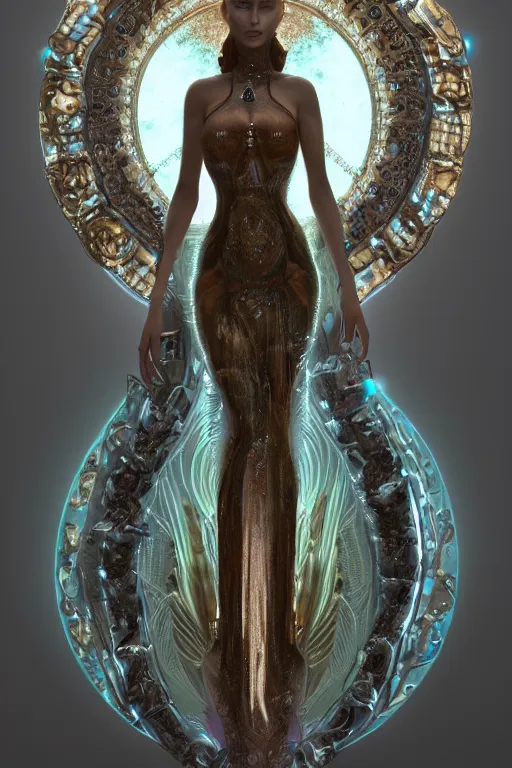 Image similar to a portrait of a beautiful ancient alien woman goddess bella hadid aphrodite standing in iris van herpen dress jewelery and fractals in style of alphonse mucha art nuvo dmt trending on artstation made in unreal engine 4