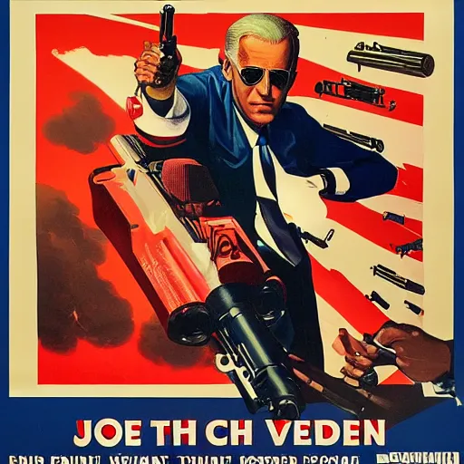 Image similar to propaganda poster of joe biden pointing gun directly at camera in james bond mobie, closeup of gun, visible barrel and grip by j. c. leyendecker, bosch, lisa frank, jon mcnaughton, and beksinski