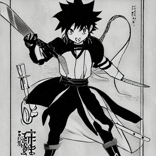 Image similar to young anime hero with a sword, illustrated by mato and ken sugimori, manga, black and white illustration