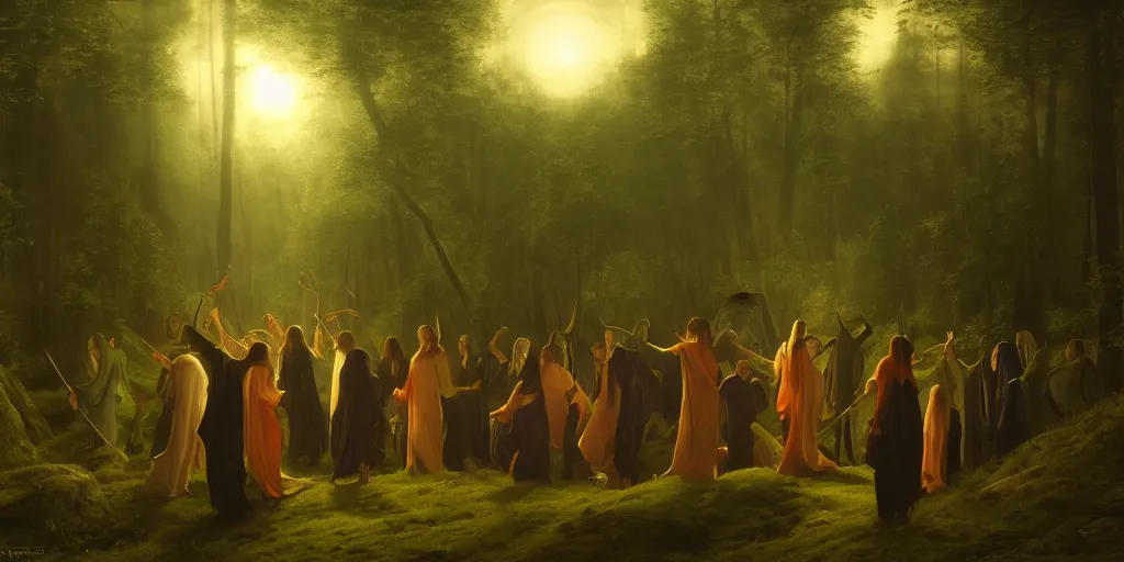 Prompt: masterpiece ephemeral demons, vampires and witches dancing in the woods at dusk, edmund leighton, majestic, volumetric lighting, photorealistic, intricate, trending on artstation 8 k