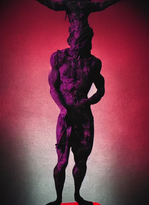 Image similar to dark design poster showing a greco roman statue, death, black background with very subtle red and purple design elements, powerful, nekro, vito acconci, thin straight lines, dark, glitch art, neo vaporwave, gritty, layout frame, square, trending on artstation