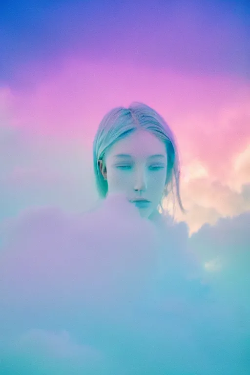 Image similar to high quality pastel coloured film photograph of a model wearing clothing resting on cloud furniture on clouds in a haze filled dreamstate world. three point light, rainbow. photographic production. art directed. pastel colours. volumetric clouds. pastel gradient overlay. waves glitch artefacts. 8 k. filmic.