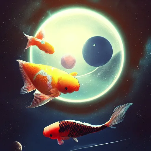 Image similar to a sphere aquarium with two cute koi fish. the aquarium is floating in space, in the size of a planet. the moon is seen in the background. illustration, realistic, by greg rutkowski and ash thorp, vivid colors, detailed, trending on artstation, high quality, cinematic