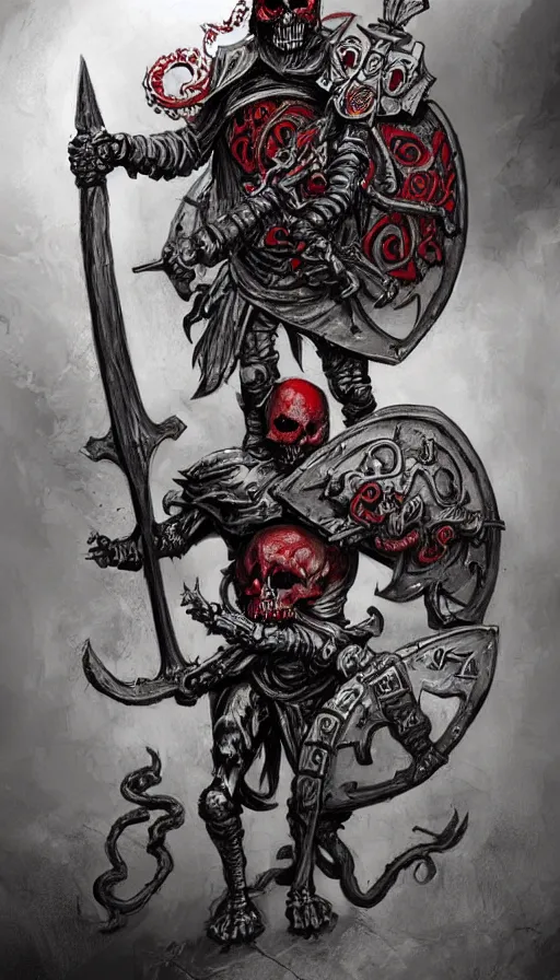 Image similar to concept art of skeleton holding a medieval shield and spear, d & d surrounded by red evil death tentacles, hyper detailed, hyper realistic, dark atmosphere, full body, full frame in the style of frank frazetta