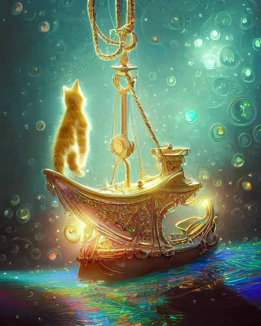 Image similar to cute kitten inside an ornate sail boat of iridescent liquid, alchemy, shiny plastic, intricate, bloom, detailed, volumetric lighting, sharp focus, photorealism, digital painting, highly detailed, concept art, by by artgerm and wlop