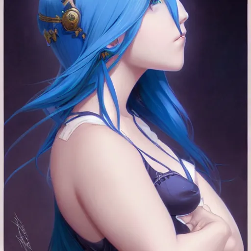 Prompt: anime girl, curvy body, blue hair, watery eyes, D&D, fantasy, intricate, elegant, highly detailed, digital painting, artstation, concept art, smooth, sharp focus, illustration, art by artgerm and greg rutkowski and alphonse mucha