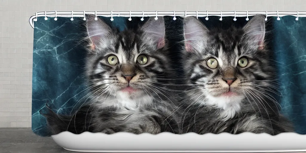 Prompt: a ( ( ( ( ( maine coon kitten ) ) ) ) ) in mandolorian ( tv ) artwork themed shower curtain, shower curtain. digital art. product photography. product lighting. 4 k, highly detailed. saturated. pixar 3 d.