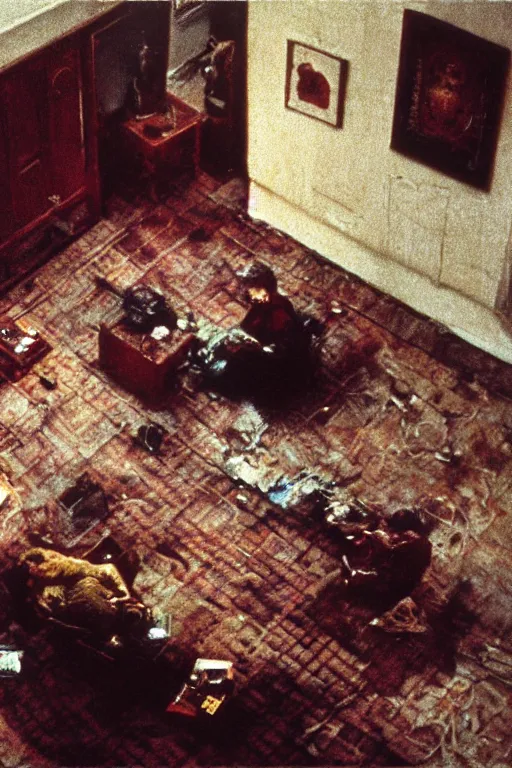 Image similar to realistic detailed image of an overhead view of an old couple sitting on a couch in old living room style of Francis Bacon and Greg Rutkowski, overhead view interior room, messy living room. Still from 1982 movie The Thing. Beksiński Masterpiece