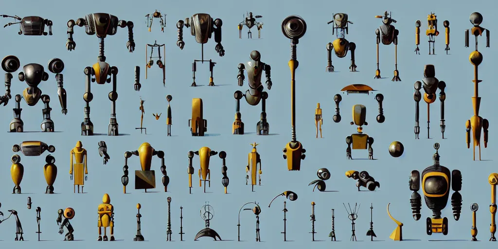 Image similar to collection of exploration of form and shapes, moebius, robot arms, props, hard surface, panel, simon stalenhag, kitbash, items, gadget, big medium small, close up, robots, futuristic, parts, machinery, greebles, insanely detailed, case, hardware, golden ratio, wes anderson color scheme, in watercolor gouache detailed paintings, sleek design