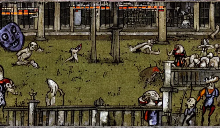 Prompt: Combat in a survival horror game, PS1, 2D sprites, gameplay screenshot, by Hieronymous Bosch