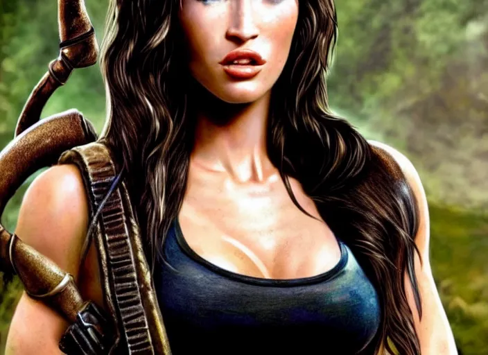 Image similar to megan fox as lara croft, magic and fantasy, highly detailed face, specular reflection, occlusion shadow, intricate, bokeh, masterpiece