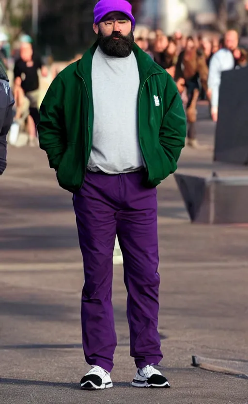 Prompt: a man of caucasian appearance with a chin - style dark brown beard without mustache in a full black cap, green jacket, purple pants and white sneakers in full height, perfect face, black hat, no mustache