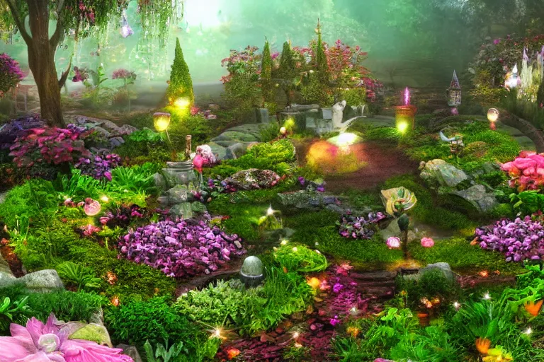 Image similar to a magical fantasy garden. cinematic lighting. photorealism.