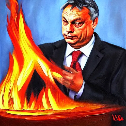 Image similar to viktor orban burning cash, oil painting