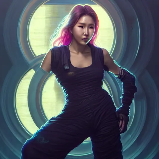 Image similar to portrait painting of cyberpunk hwasa mamamoo as a street doctor with a halo, ultra realistic, concept art, intricate details, eerie, highly detailed, photorealistic, octane render, 8 k, unreal engine. art by artgerm and greg rutkowski and magali villeneuve and alphonse mucha