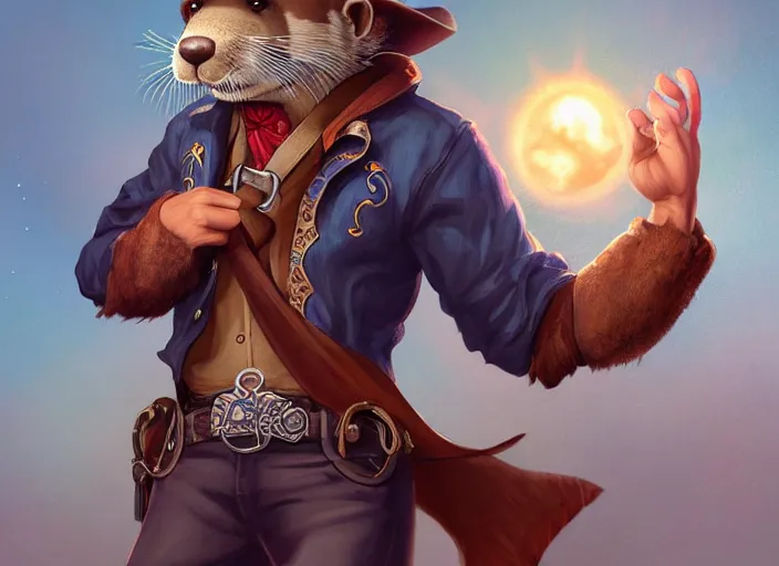 Image similar to character portrait feature of the anthro male anthropomorphic otter fursona wearing cowboy outfit wild west desperado character design stylized by charlie bowater, ross tran, artgerm, makoto shinkai, detailed, soft lighting, rendered in octane