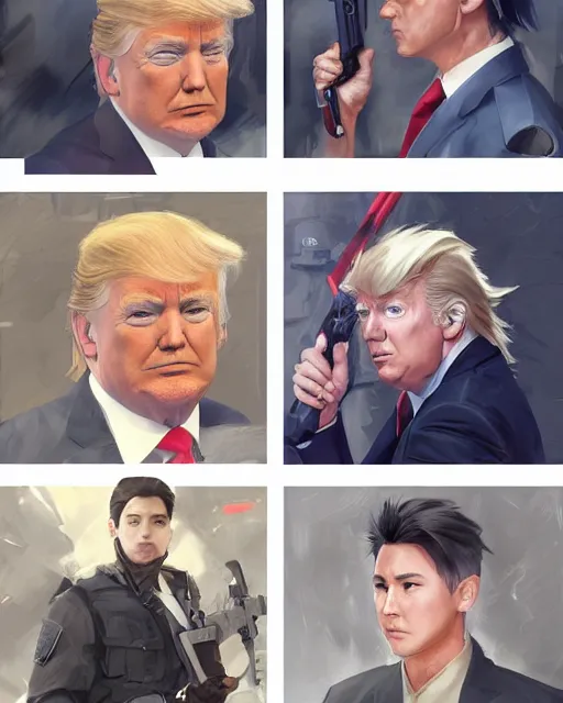 Image similar to donald trump wearing tactical gear, very anime, fine - face, donald trump, realistic shaded perfect face, fine details. anime. studio ghibli, magali villeneuve, artgerm, jeremy lipkin and michael garmash and rob rey