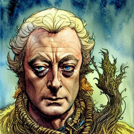 Image similar to a realistic and atmospheric watercolour fantasy character concept art portrait of michael caine as a druidic warrior wizard looking at the camera with an intelligent gaze by rebecca guay, michael kaluta, charles vess and jean moebius giraud