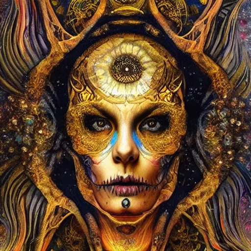 Image similar to Memento Mori by Karol Bak, Jean Deville, Gustav Klimt, and Vincent Van Gogh, beautiful visionary mystical portrait, otherworldly, fractal structures, ornate gilded medieval icon, third eye, spirals, sugar skull