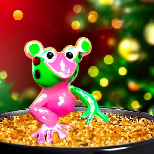 Prompt: highly detailed pink frogs being cooked in a pot beneath a christmas tree, realistic,