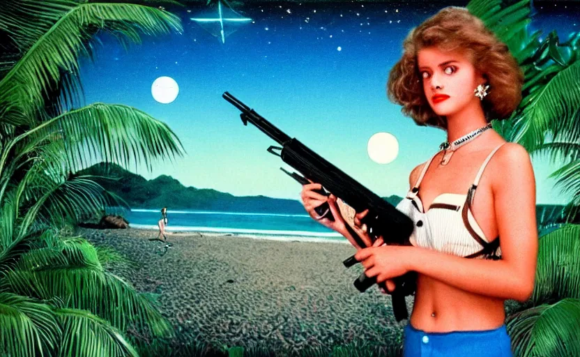 Image similar to 1 9 8 6 vintage movie screencap of a girl with a gun on a narco mansion, gucci clothes, night sky, beach and tropical vegetation on the background major arcana sky and occult symbols, 1 9 8 6 photo