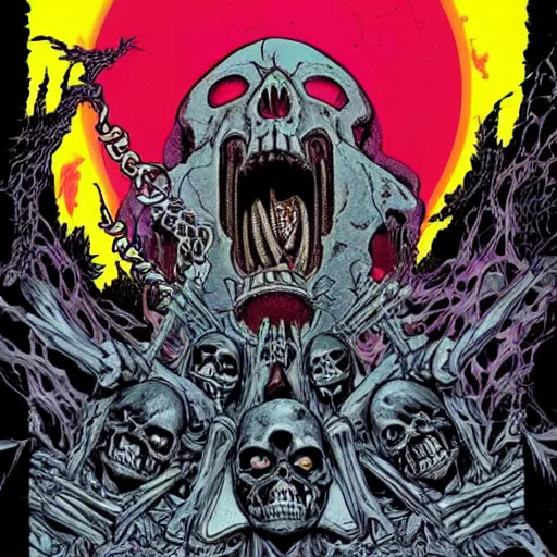 Prompt: a Metallica album cover with a centered skull of skelletor and grey skull castle from he-man TV show, art by Dan Mumford and Alex Pardee , intricate, D&D, dark fantasy,