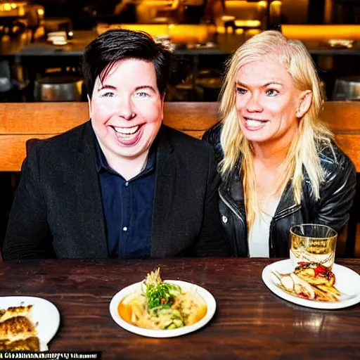 Image similar to portait of michael mcintyre and middle aged blonde woman with short hair and a blonde woman with long hair having dinner at sunday in brooklyn restaurant, photo