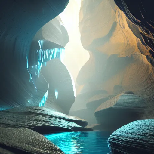 Prompt: light is mine to travel,beyond time ,the cathedrals in a canyon grotto of life the beginning , geological strata,ground mist, falling water,pools of water, hypermaximalist,micro details, 3d sculpture,,digital rendering,octane render , 4k, artstation, concept art , f22,deep depth of field,photographic, wide angle,cinematic lighting